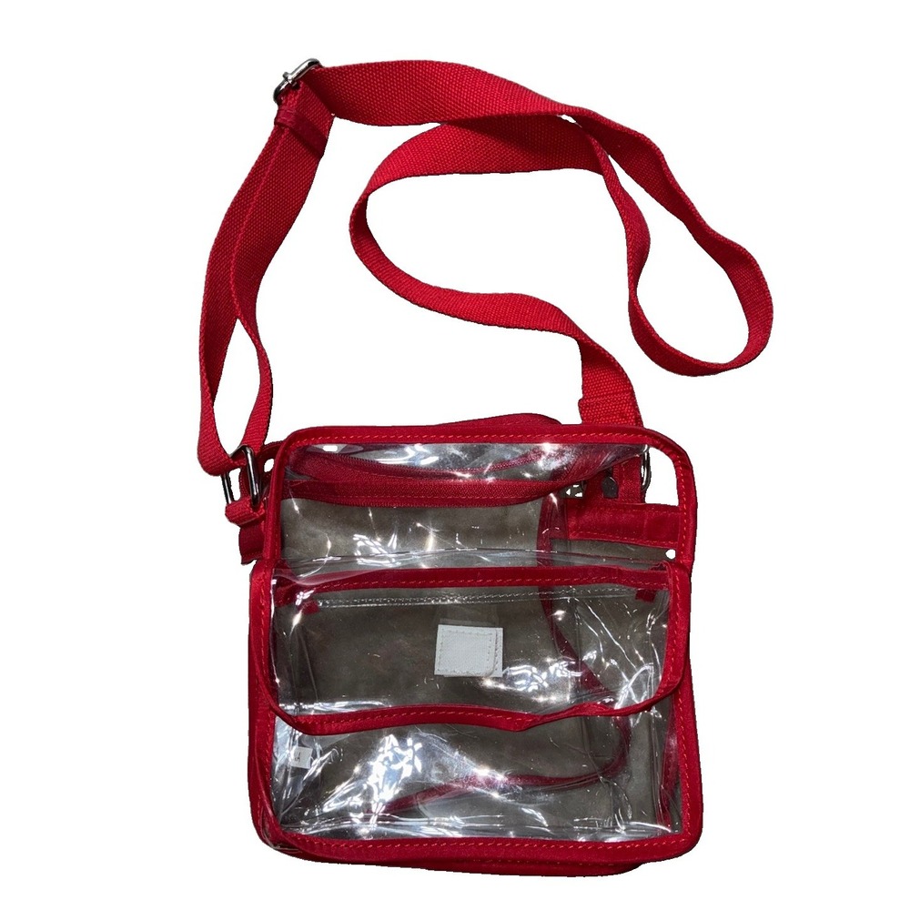 Clear Crossbody Bag Red Piping Adjustable Strap Game Day Concert Stadium 8x8x3"